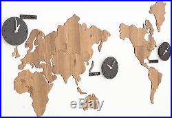 Large World Map Wall Clock Wooden DIY Sticker Puzzle Decor Interior Gift Brown