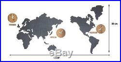 Large World Map Wall Clock Wooden DIY Sticker Puzzle Decor Interior Gift Brown