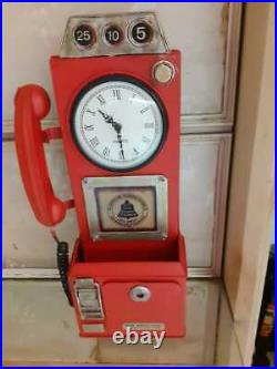 Metal Red Vintage Phone Booth Home Art Deco Table/Wall Mail Box Clock Keyholder
