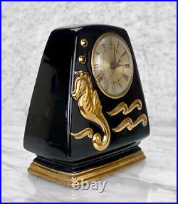 Mid-Century Art Deco Porcelain Black & Gold Seahorse Motif Mantle Clock