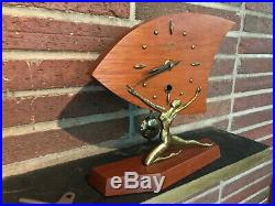 Mid Century Modern Art Deco Luhowa German Pendulum Mantel Clock Teak & Metal