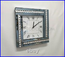 Modern Diamonte Crystal Mirrored Glass Square Wall Clock 45cm Grey Smoked Frame