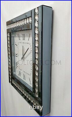 Modern Diamonte Crystal Mirrored Glass Square Wall Clock 45cm Grey Smoked Frame