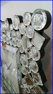 Modern Mirror Wall Clock Art Deco Round Square Diamond Crystal Frame 50cm Silver