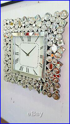 Modern Mirror Wall Clock Art Deco Round Square Diamond Crystal Frame 50cm Silver