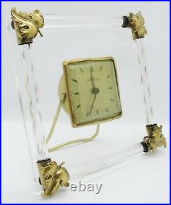 New Haven Art Deco Glass and Brass with Leaf Accents Framed Table Clock