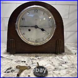 Nice 1930's Art Deco Enfield Wood Chiming Mantle Clock With Key & Weight