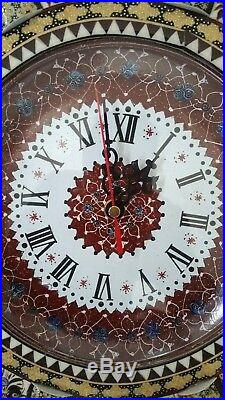 Persian Handmade Wooden Inlaid Khatam Marquetry Mina Kari Enameled Wall Clock