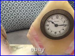 Pink & White French Art Deco Marble Clock With Falcon Bird Signed Centeauro