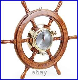 Premium Porthole Clock Ship Wheel with Solid Teak Captain Maritime Home Decor