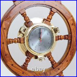 Premium Porthole Clock Ship Wheel with Solid Teak Captain Maritime Home Decor