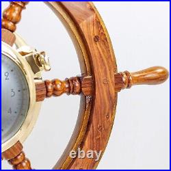 Premium Porthole Clock Ship Wheel with Solid Teak Captain Maritime Home Decor