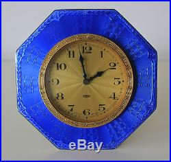 Quality Art Deco Silver and Blue Guilloche Enamel 8 Day Strut Clock