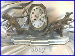 RARE Art Deco Diana and Hounds Clock Marble Onyx Spelter