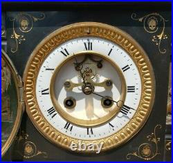 RARE Japy Freres Slate Mantel Clock 948 Movement Skeleton Metal Repousse WORKS