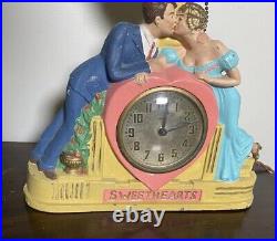 RARE SWEETHEARTS Novelty CLOCK & LAMP By United WORKING Vtg Antique Spelter Read