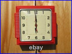 RARE Vintage Telechron Red Bakelite MCM Art Deco Electric Wall Clock 1930s 2H15s