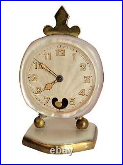Rare 1920's Theodore Jequier Swiss Fleur De Lis Mother of Pearl Traveling Clock