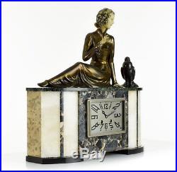 Rare 1920s French ART DECO Bird Lady Sculpture MANTEL CLOCK by MOLINS-BALLESTE