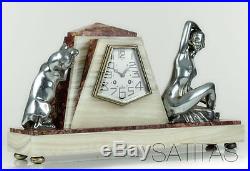 Rare 1920s French ART DECO Burmese Cat & Nude Lady SCULPTURE CLOCK by MARTI