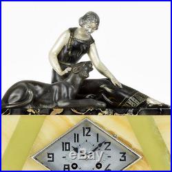 Rare 1920s French ART DECO Lady & Panther SCULPTURE MANTEL CLOCK
