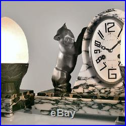 Rare 1920s French ART DECO Panther Cat SCULPTURE CLOCK with 2 GARNITURE LAMPS