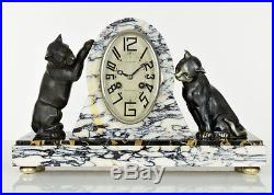 Rare 1920s French ART DECO Panther Cat SCULPTURE CLOCK with 2 GARNITURE LAMPS