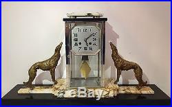 Rare Art Deco Bronze Clock With Borzoi Dogs / Levrier
