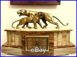 Rare Art Deco Clock Bronze Panther Sculpture By Hugues (signed)