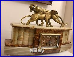 Rare Art Deco Clock Bronze Panther Sculpture By Hugues (signed)