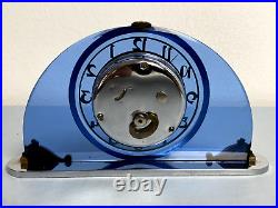 Rare Art Deco Mechanical Mauthe Brass & Blue Skay Glass Desk Clock 19.5cm