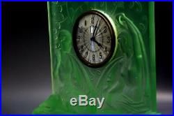 Rare Art Deco Period Green Glass Mental Clock In Lalique Style Circa 1930