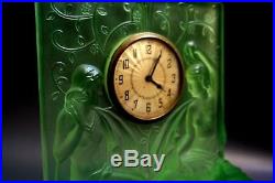 Rare Art Deco Period Green Glass Mental Clock In Lalique Style Circa 1930