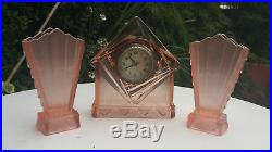 Rare Art Deco Walther pink glass Waldorf clock set with vases