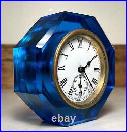 Rare E. N. Welch Jewel Paperweight Desk Table Dresser Shelf Clock Cobalt Blue