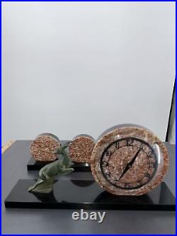 Rare Large Art Deco Marble & Onyx Mantel Clock With Bronze Deer Figurine & Discs