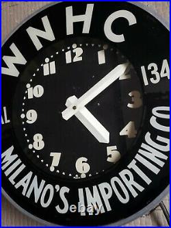 Rare Vtg Synchron Neon Advertising Clock Art Deco Milanos Importing Co WNHC 1340