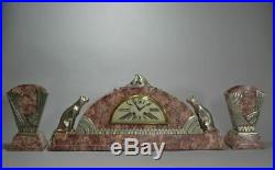 Rare art deco cubist clock with cats and doves. Lavroff Era. Bronze and marble
