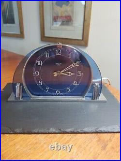 Smith art deco blue glass & chrome clock