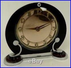 Splendid Genuine Art Deco Mantle Clock 1930 Peach Mirror Finish Chrome Stand Vgc