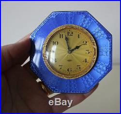 Stunning Art Deco Antique Silver and Blue Guilloche Enamel 8 Day Clock Adie Bros