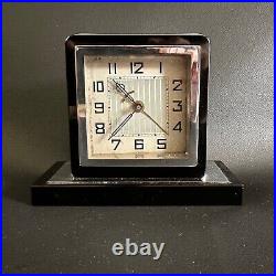 Stunning Vintage Art Deco Black Glass & Chrome Desk Alarm Clock German Made