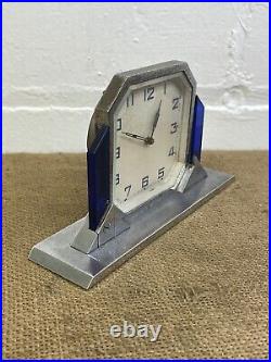 Stunning Vintage Art Deco Period Mantle Clock Blue & Chrome 8 Day