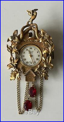 Superb Vintage Art Deco Taylor 17 Jewels Cuckoo Clock Watch Brooch Sterling