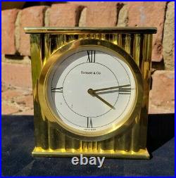 TIFFANY & CO Brass Desk Clock Vtg Square Swiss Made Wavy Pattern NEW BATTERY