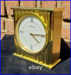 TIFFANY & CO Brass Desk Clock Vtg Square Swiss Made Wavy Pattern NEW BATTERY