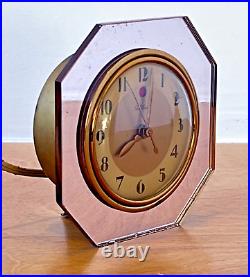 Telechron Art Deco Rose Gold Glass Mirror Electric Desk Table Clock Vtg