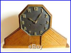 Unique Art Deco Cast Bronze Dial Mantel Chiming Clock Oak Case c1925