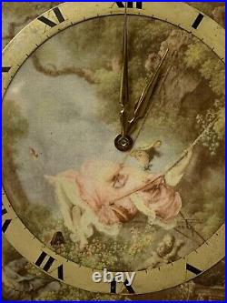 VINTAGE-LUXOR-GILT BRONZE-FRENCH SILK-THE SWING by FRAGONARD-SWISS CLOCK-WORKING