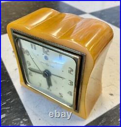 VINTAGE Yellow Catalin Alarm Clock Swirl Art Deco excellent
